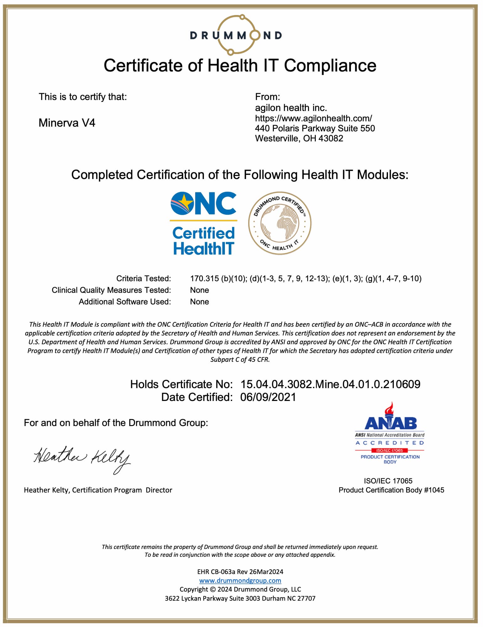 Certificate of Health IT Compliance